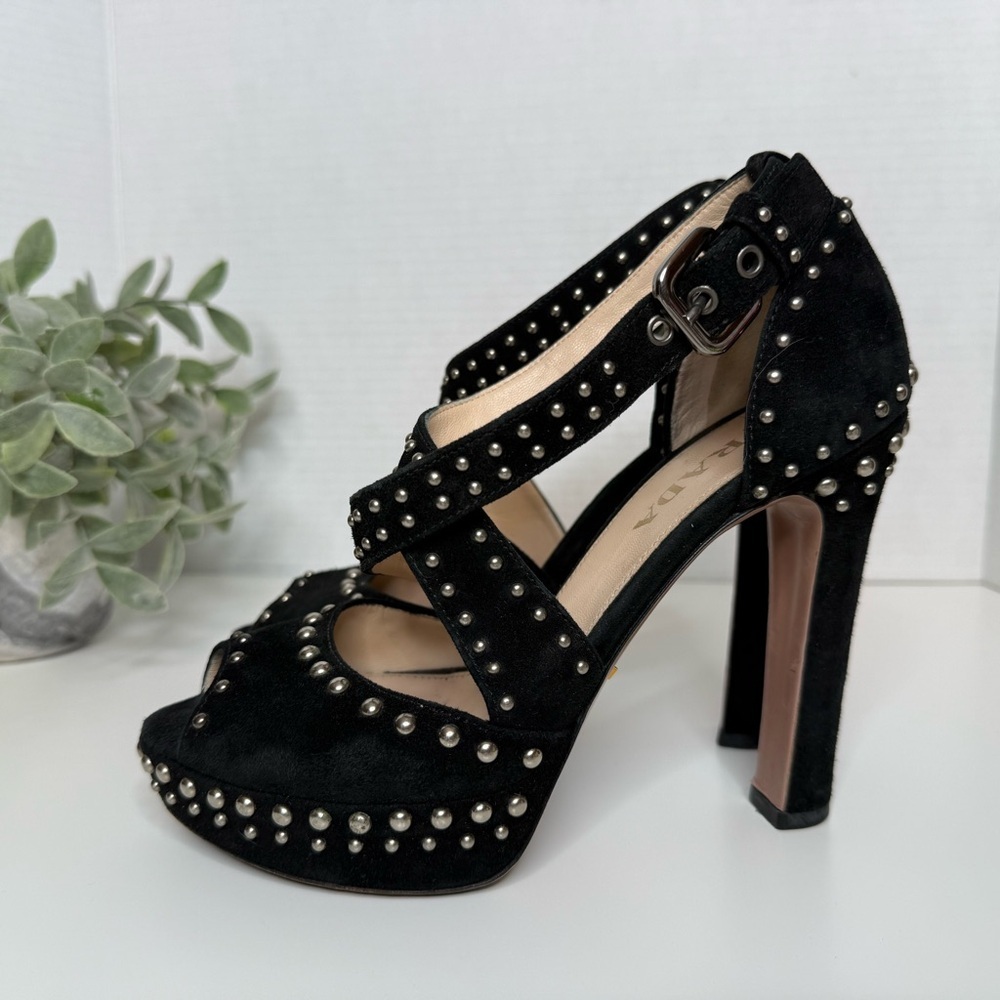 Prada Black Suede Studded Cross Strap Platform Pumps Size 35 Luxury Italian Glam - Picture 6 of 17